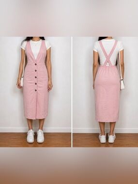 Sienna Sky Pink Midi Dress Deep V  Open Back Cross Strap Bodycon Size Xs